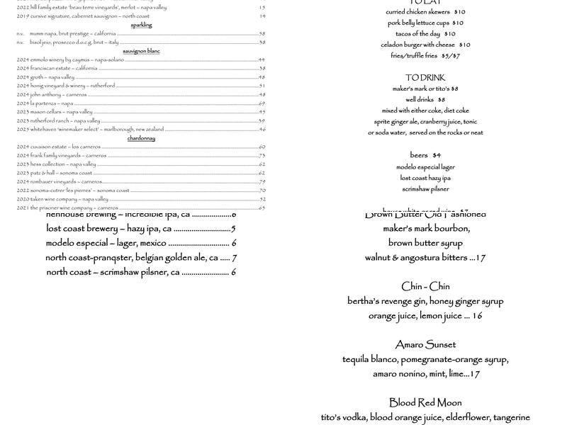 Celadon Menu