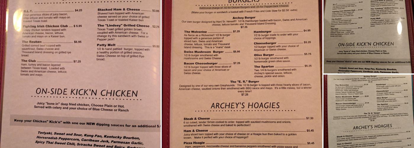 Archey's Bar & Grill Menu