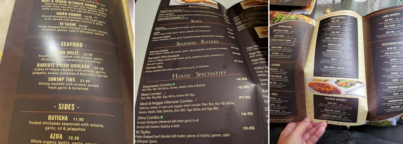 Barcote Ethiopian Restaurant Menu