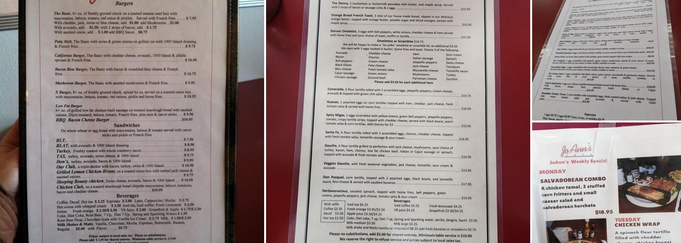 Jo Ann's Cafe Menu