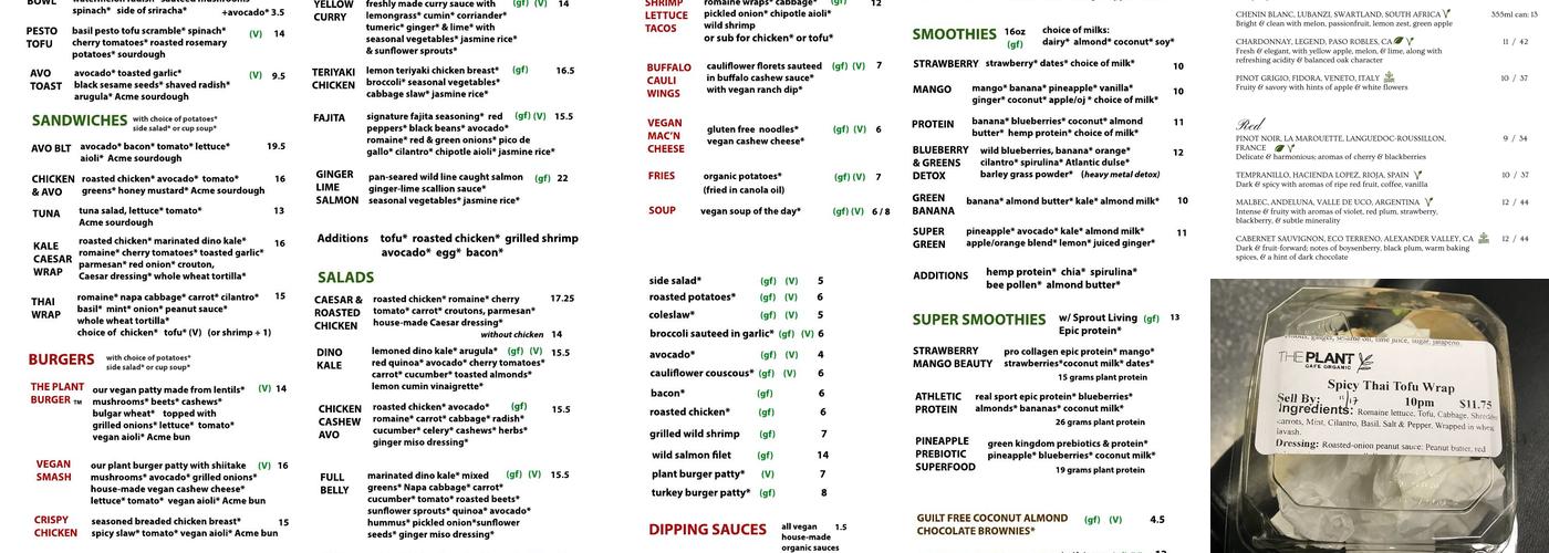The Plant Café Organic Menu