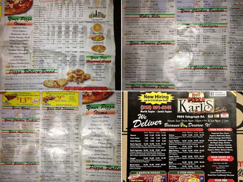 Karl's Place Pizza Menu