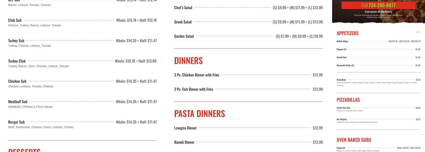 Riverview's Pizza Place Menu