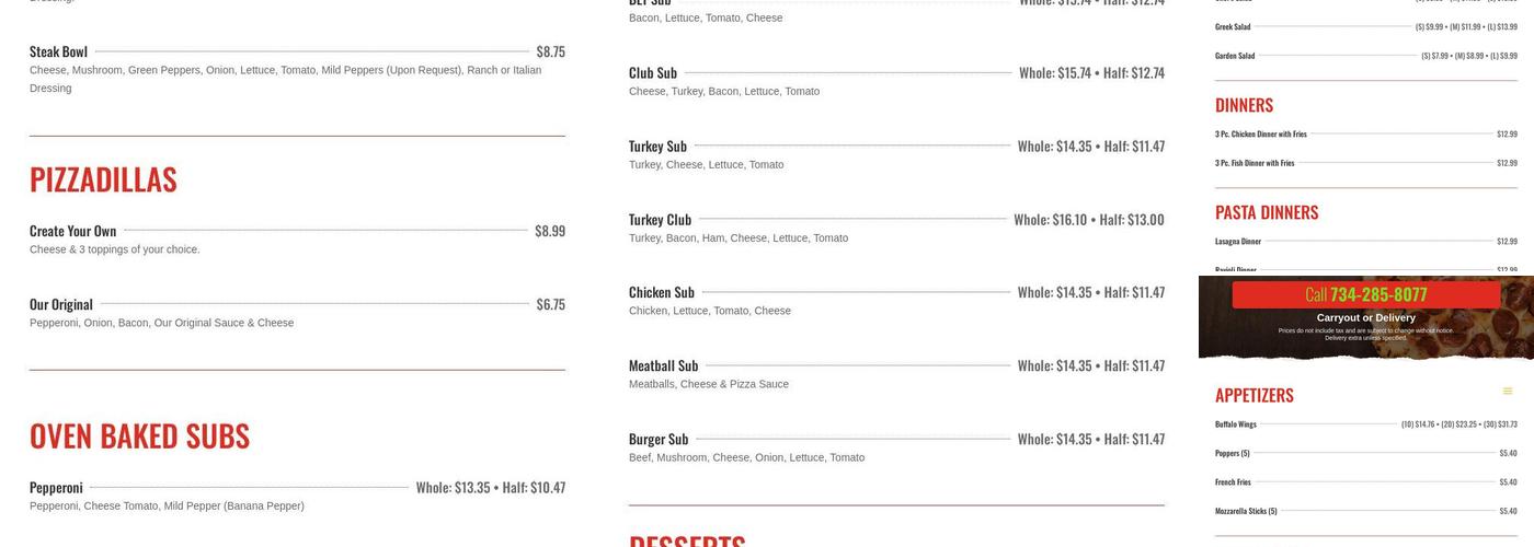 Riverview's Pizza Place Menu