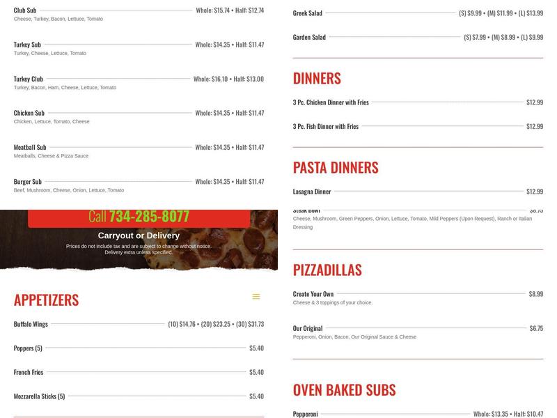 Riverview's Pizza Place Menu