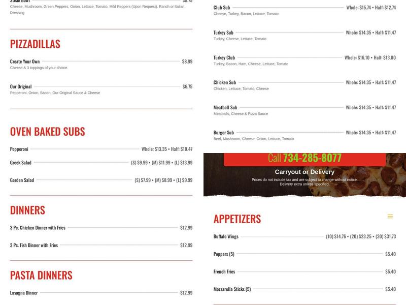 Riverview's Pizza Place Menu