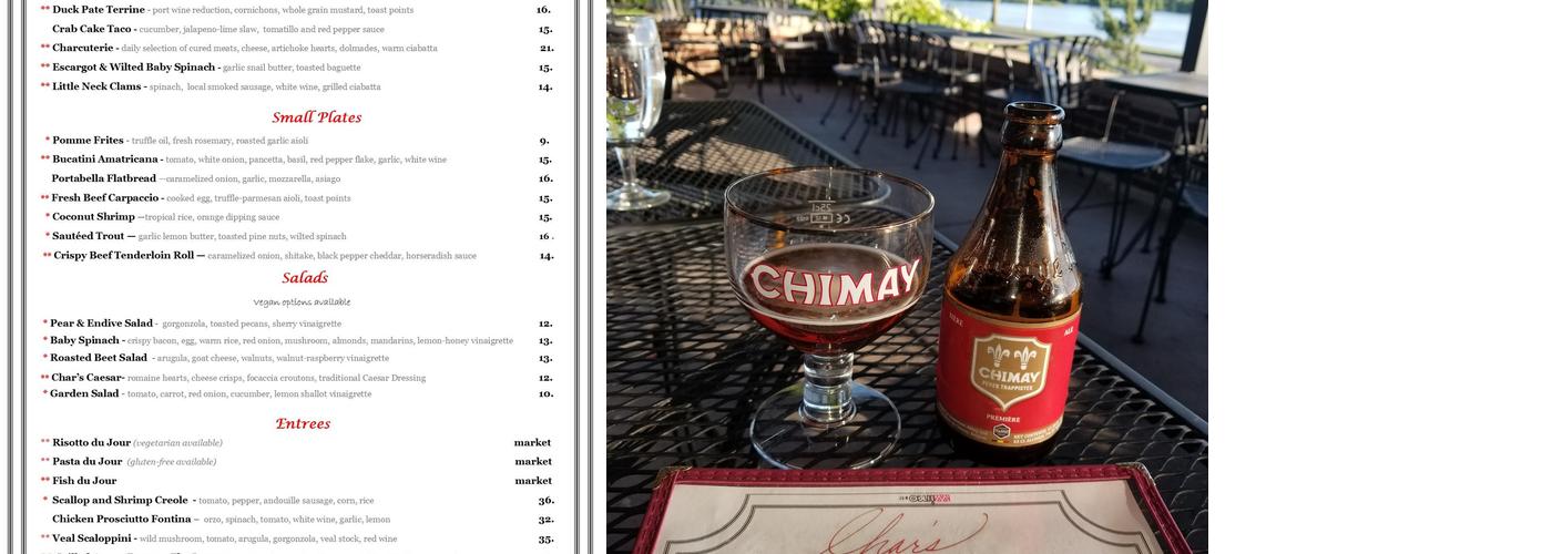 Char's Tracy Mansion Menu