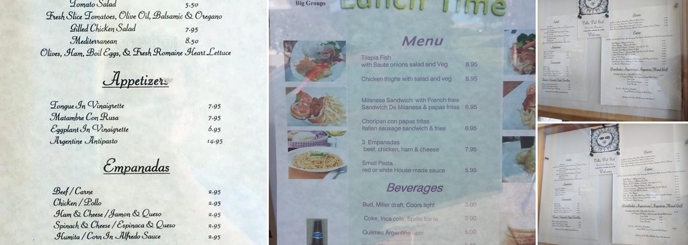 Villa Del Sol Argentinian Restaurant Menu