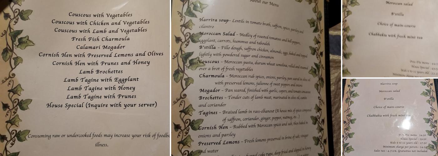 Casablanca Restaurant Menu