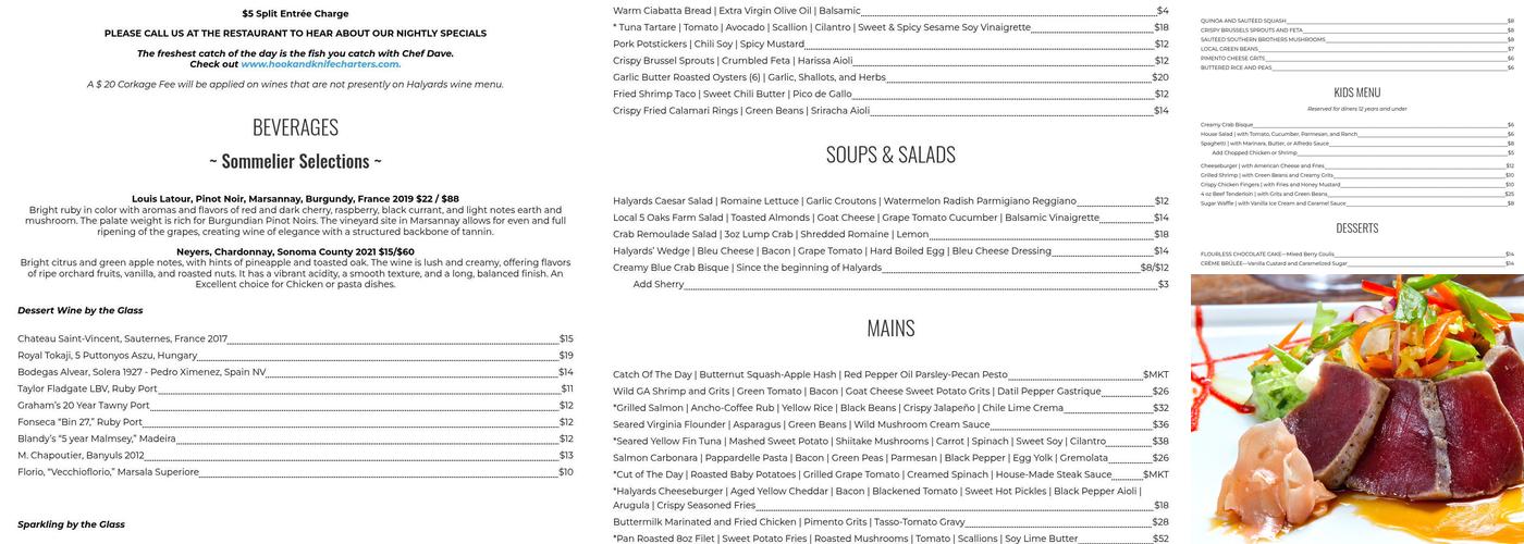 Halyards Restaurant Menu