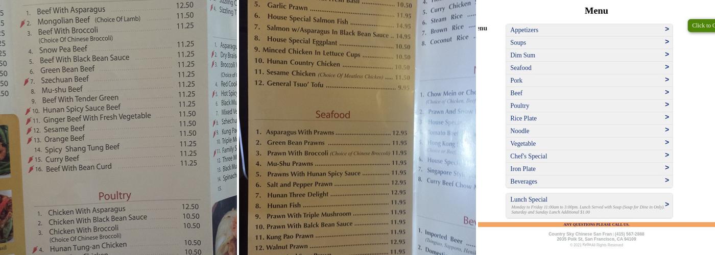 New Country Sky Menu