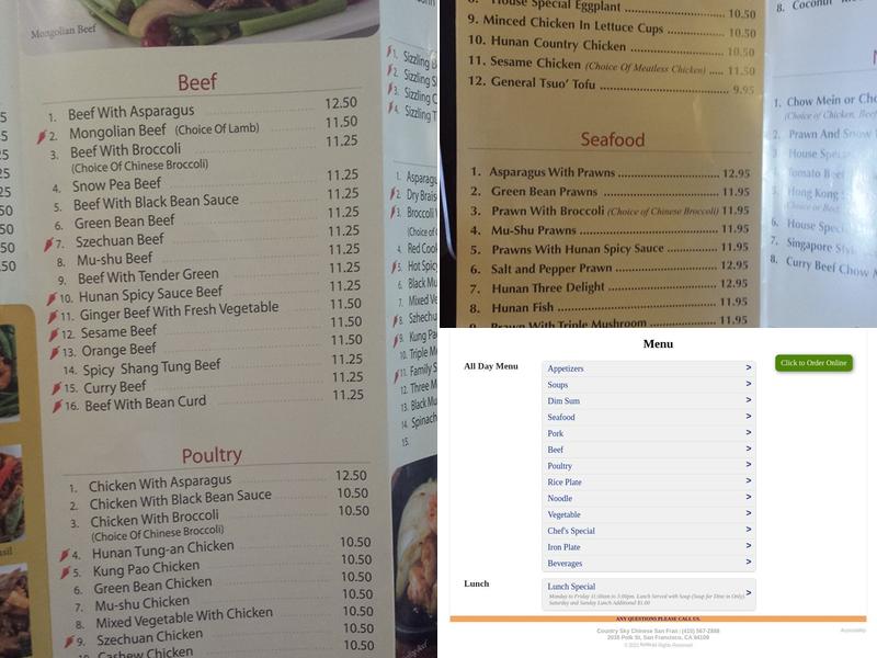 New Country Sky Menu