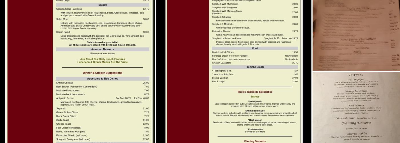 Moro's Dining Menu