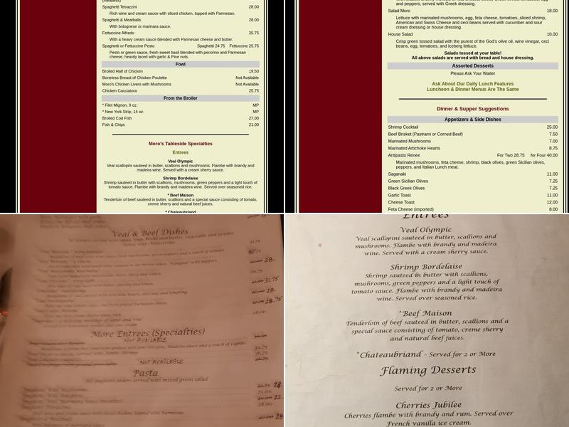 Moro's Dining Menu