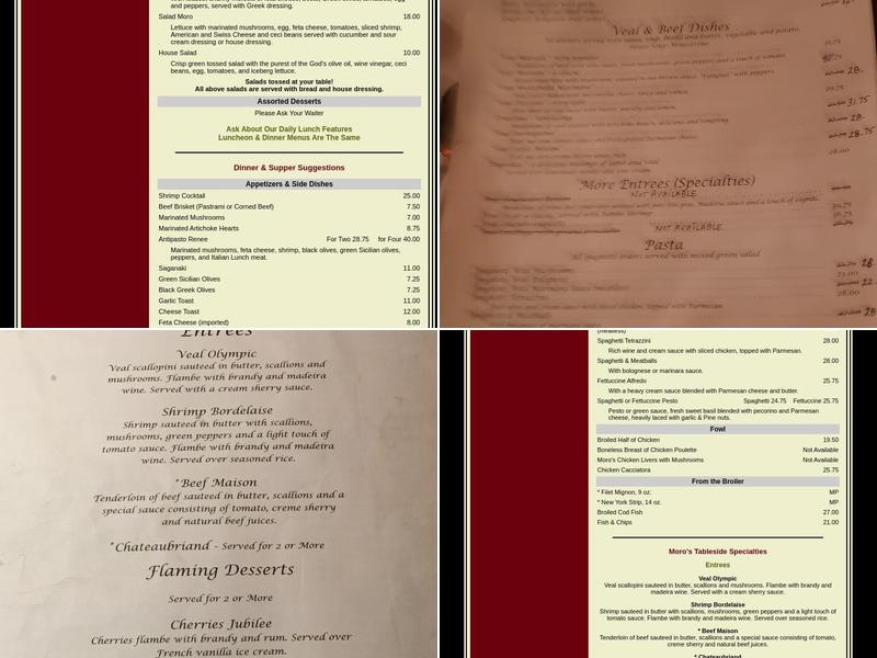 Moro's Dining Menu