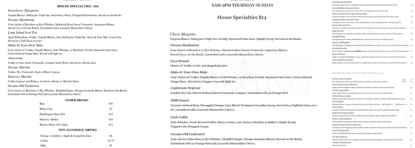 Oceano Bar & Grill Menu