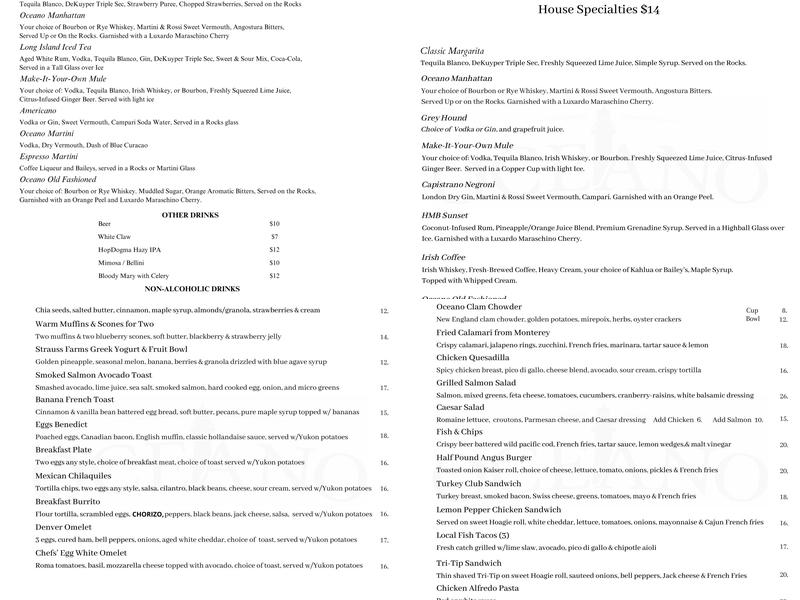 Oceano Bar & Grill Menu