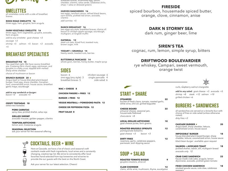 Cascade Restaurant & Bar Menu