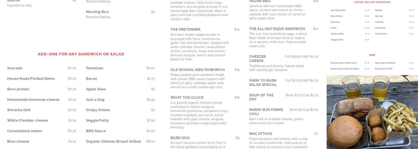 The Barn Menu
