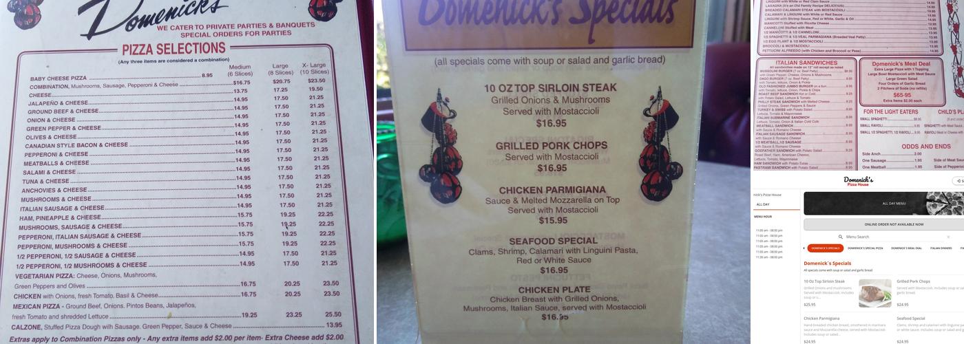 Domenick's Pizza House Menu
