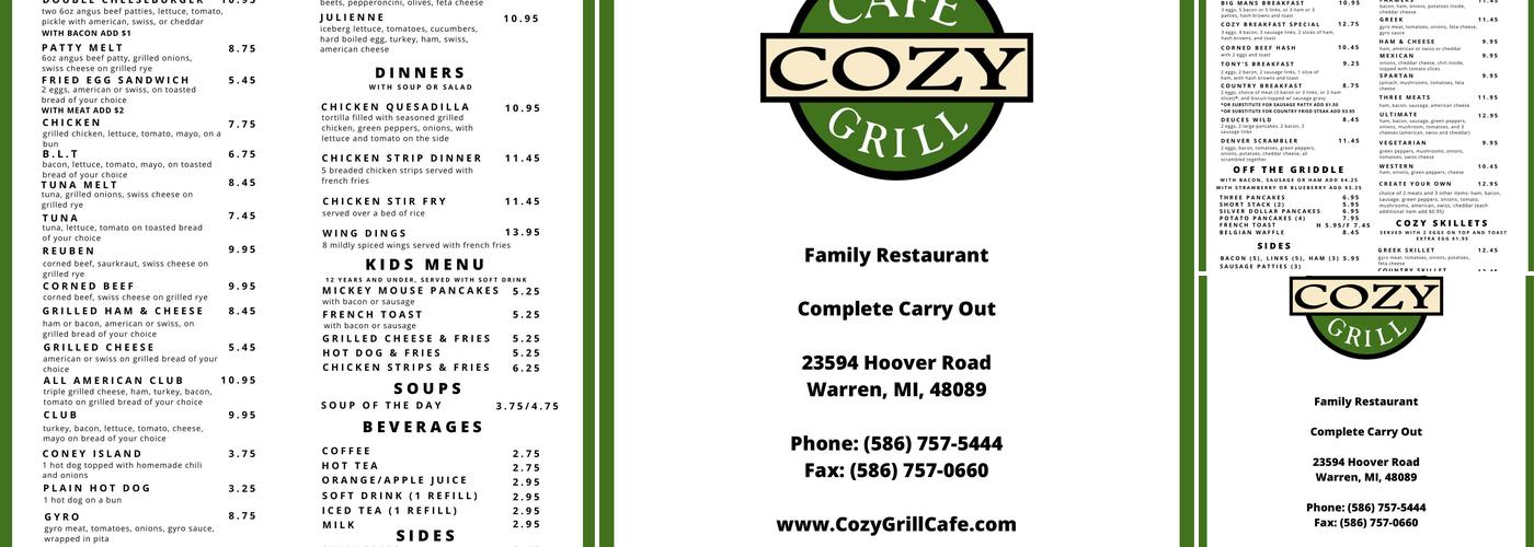 Cozy Grill Cafe Menu