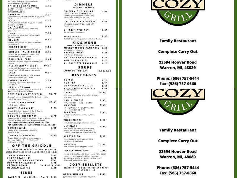 Cozy Grill Cafe Menu