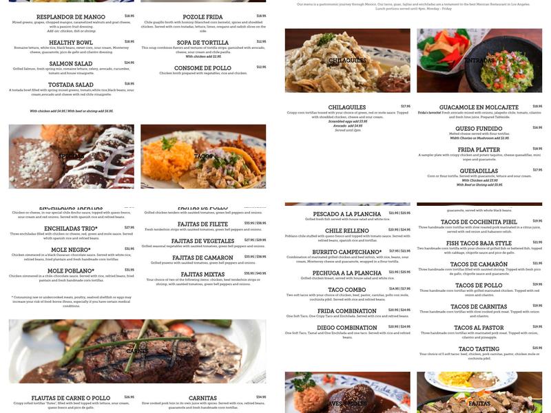 Frida Mexican Cuisine Menu