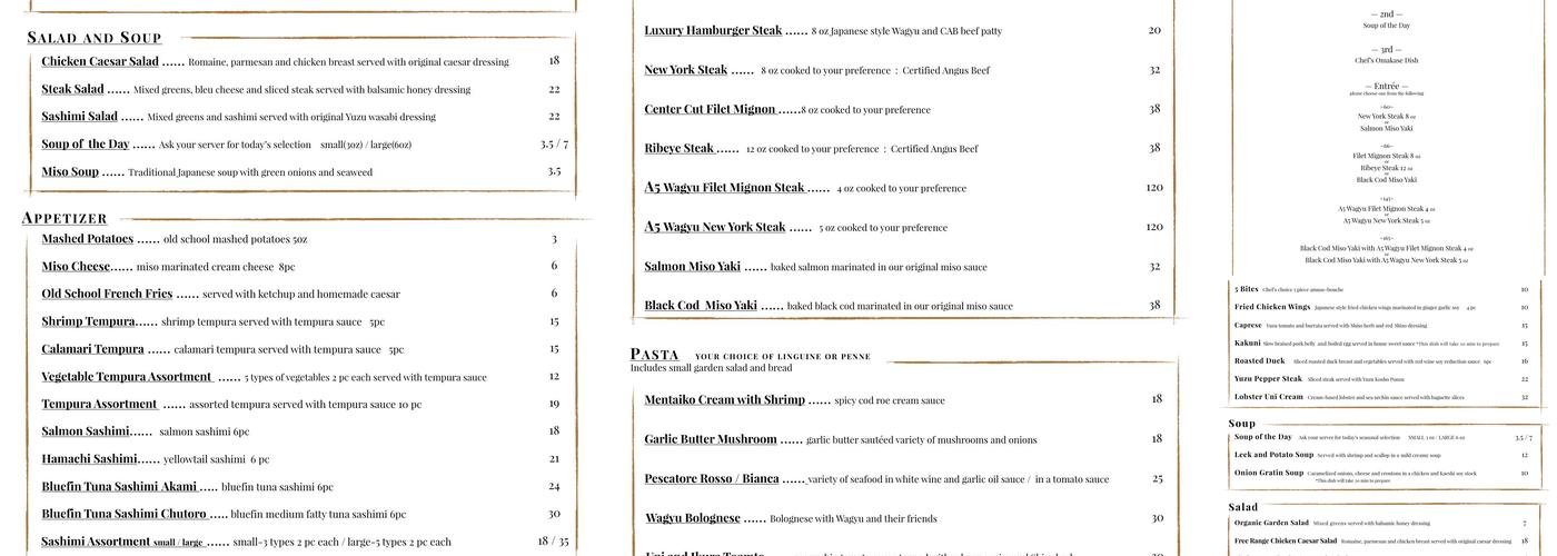 WA Dining I-NABA Steak House Menu
