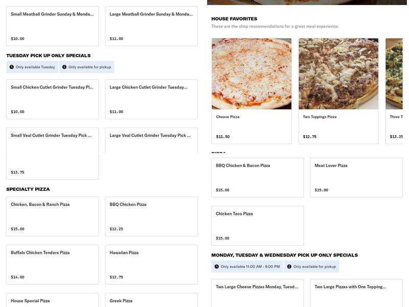 Spencer Pizza Menu