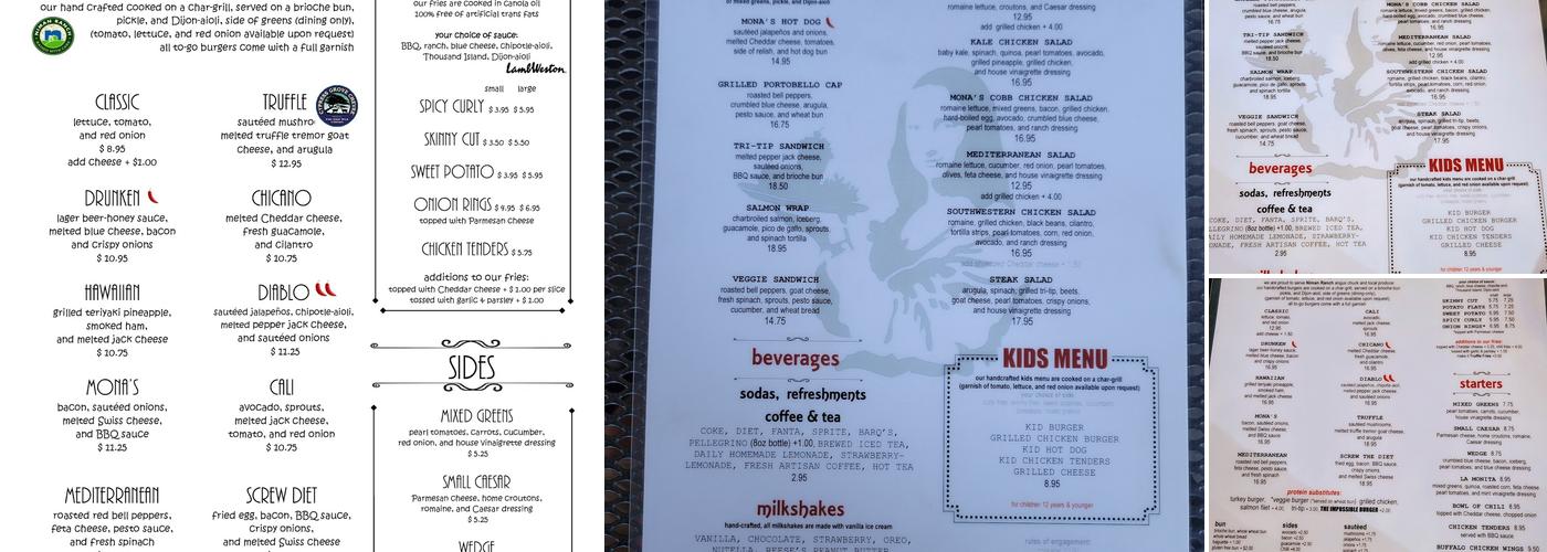 Mona's Burgers & Shakes Menu
