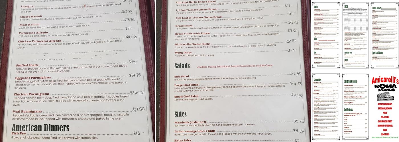 Roma Pizza Menu