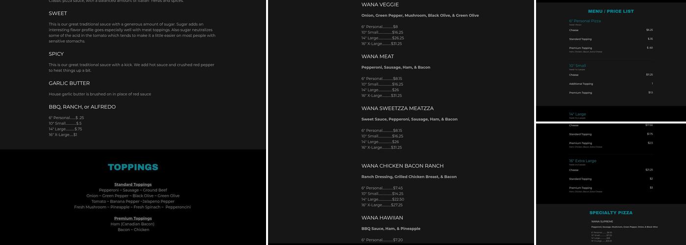 Wana Pizza Menu