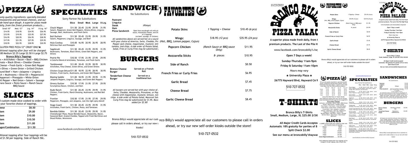 Bronco Billy's Pizza Palace Menu