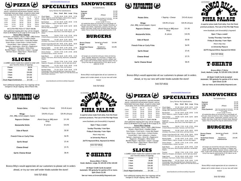 Bronco Billy's Pizza Palace Menu