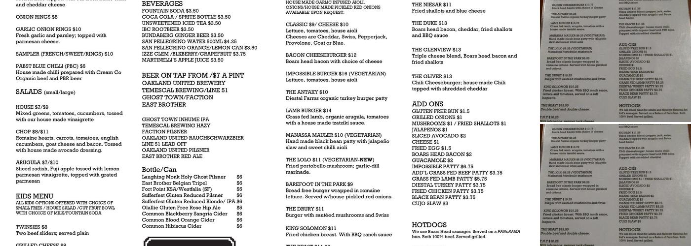 Park Burger Menu