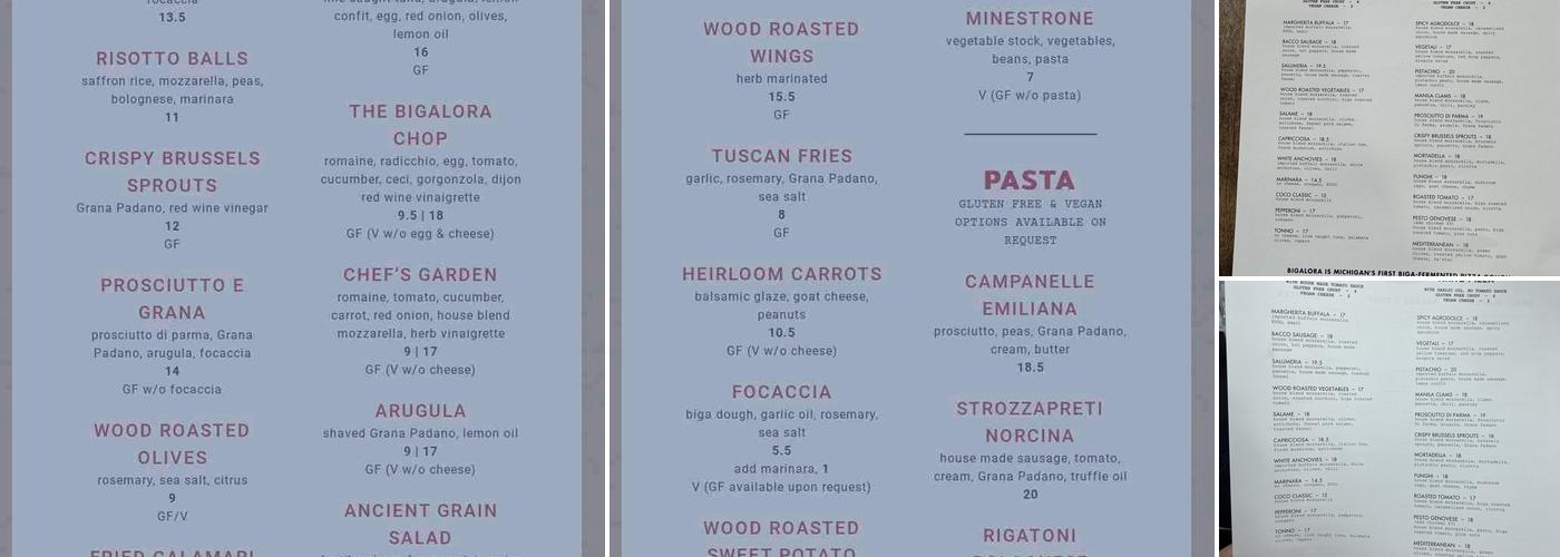 Bigalora Wood Fired Cucina Menu