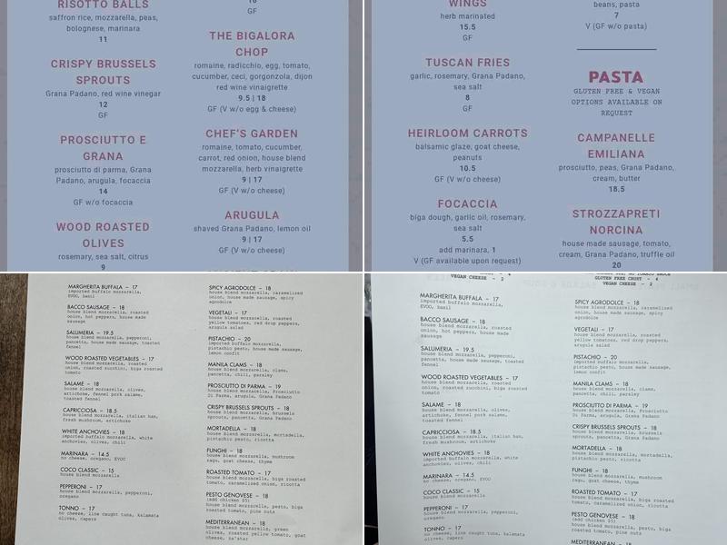 Bigalora Wood Fired Cucina Menu