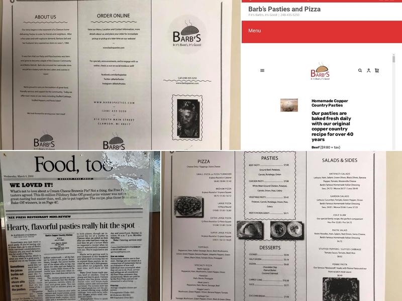 Barb's Pasties & Pizza Menu