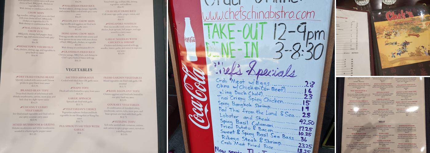 Chef's Experience China Bistro Menu