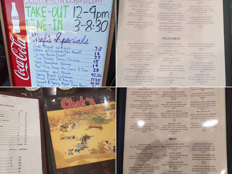 Chef's Experience China Bistro Menu