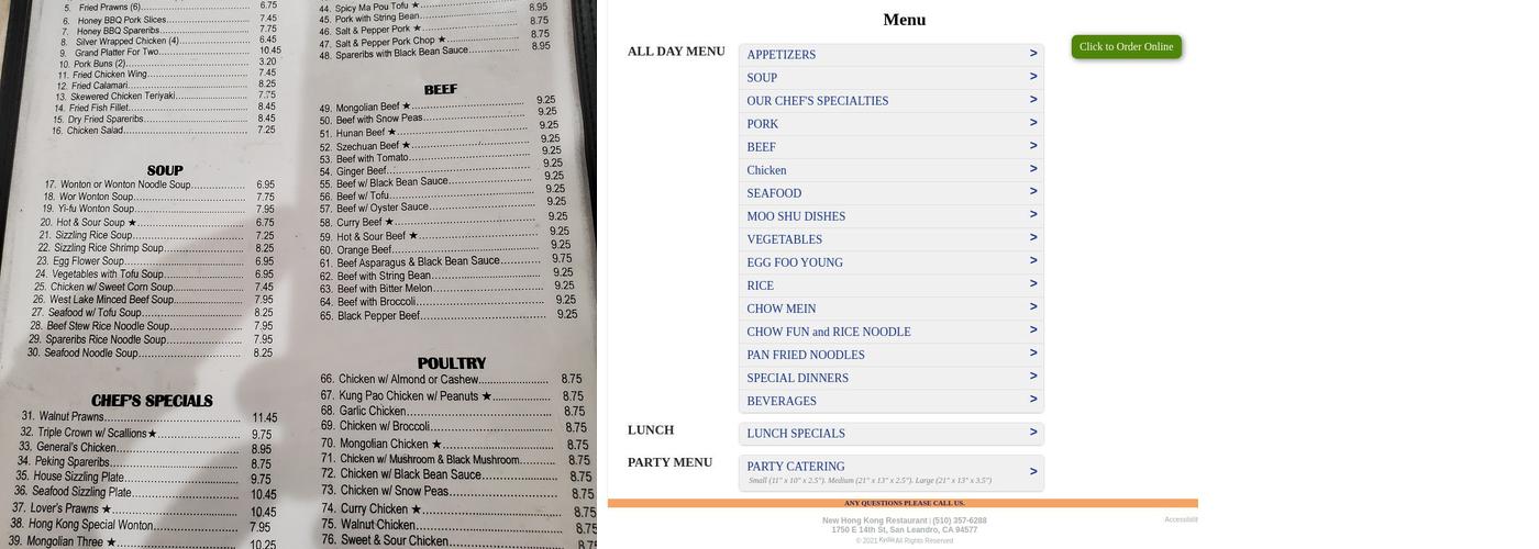 New Hong Kong Restaurant Menu