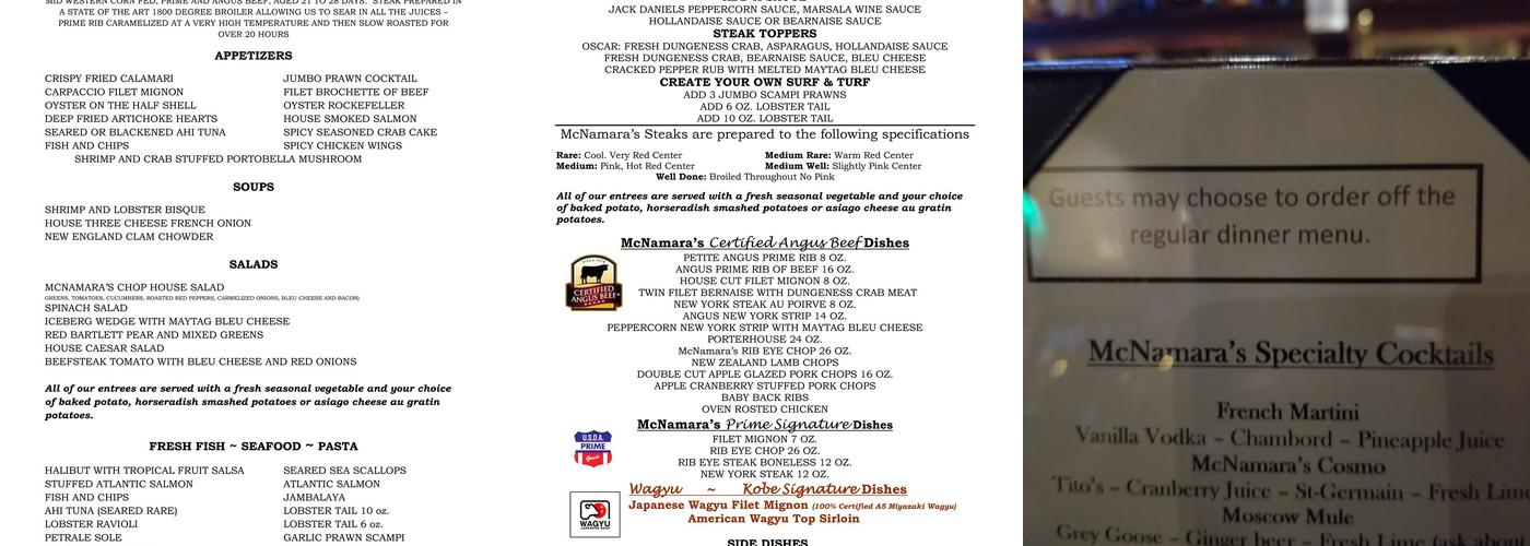 McNamara's Steak and Chop House Menu