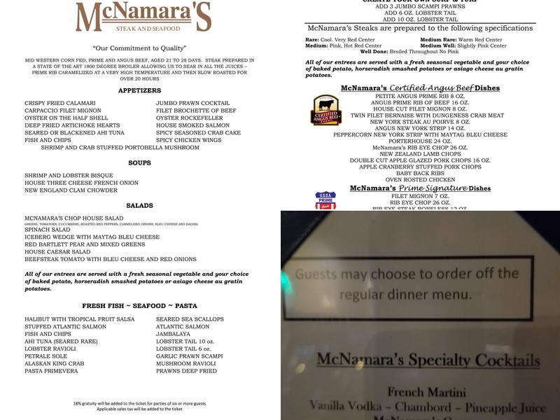 McNamara's Steak and Chop House Menu