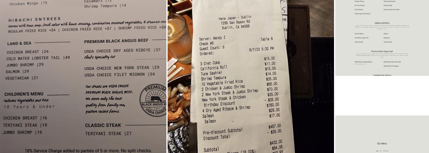 Hana Japan Steak House Menu