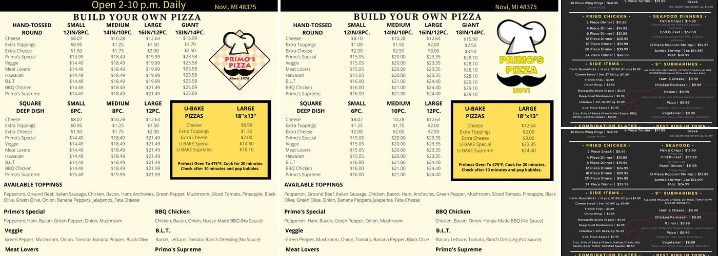 Primo's Pizza Menu