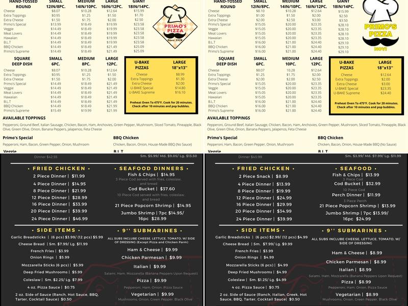 Primo's Pizza Menu