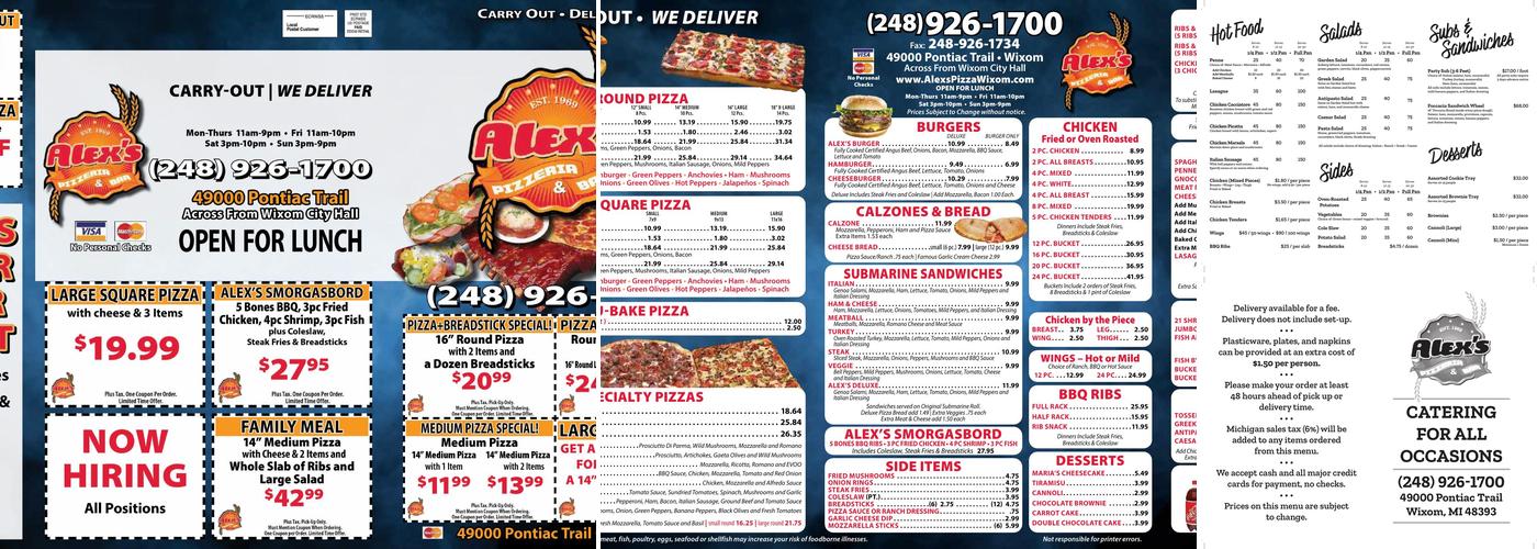 Alex's Pizzeria Menu