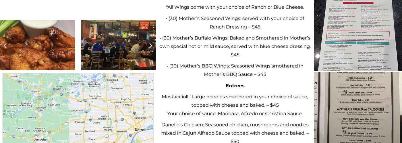 Mothers Pizzeria Menu