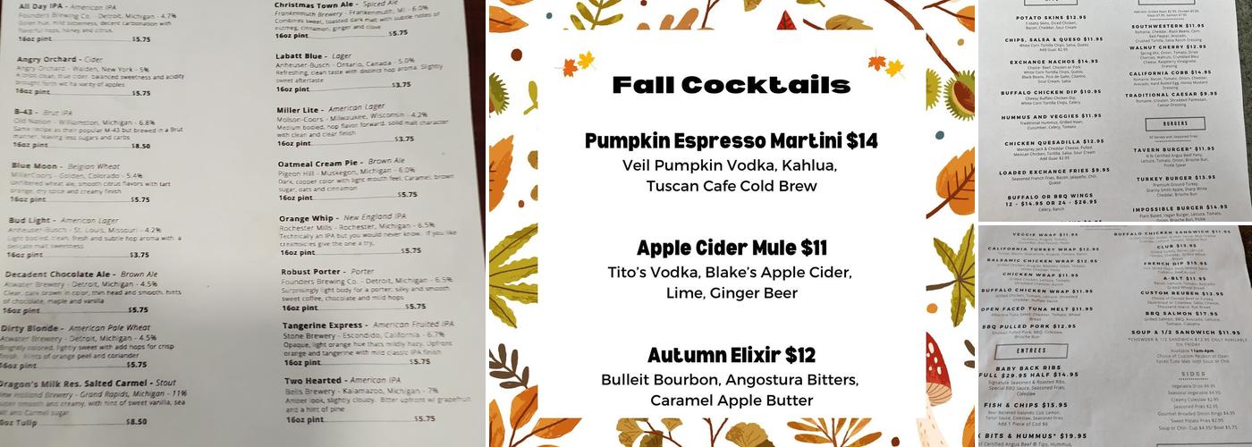 Exchange Bar and Grill Menu