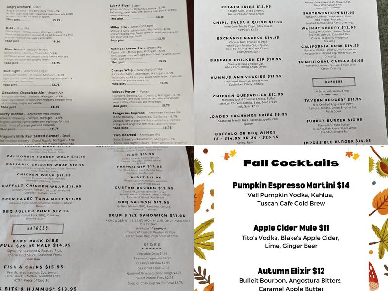 Exchange Bar and Grill Menu